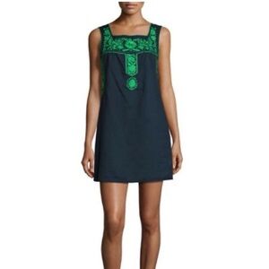Tory Burch Navy Dress with Green Embroidery